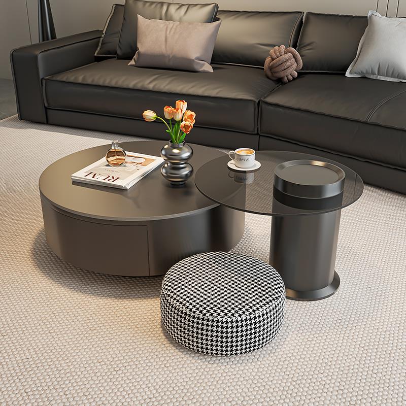 岩板圆形茶几客厅家用轻奢现代简约大小户型黑色茶桌玻璃意式极简