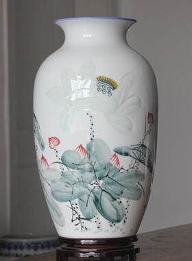 景德镇陶瓷手绘雕刻青花五彩花瓶家居客厅玄关电视柜中式插花摆件