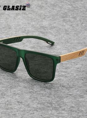 日系风新款太阳眼镜覆古方形男士偏光抗UV绿色竹木镜腿女士太阳眼