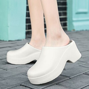 百搭潮小白鞋 2025秋季 女外穿时尚 日系包头增高跟7cm厚底拖鞋 新款