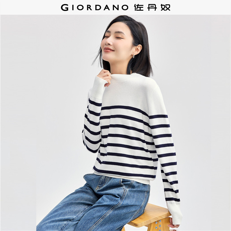 佐丹奴针织衫女装精梳纯棉条纹小高领毛织套头针织衫 13354854