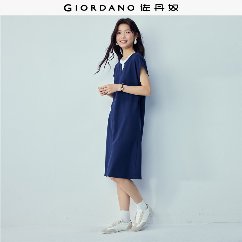 佐丹奴裙子女装纯棉卫衣布假两件撞色圆领针织连衣裙 05466463