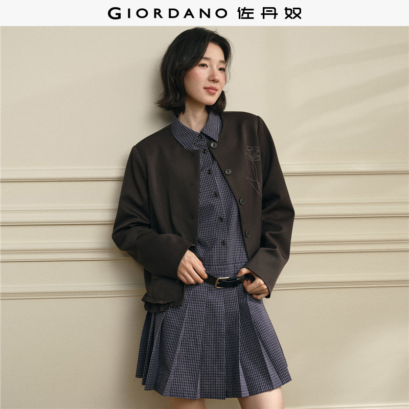 佐丹奴外套女装绣花拼接花边下摆圆领梭织西装外套 18376802