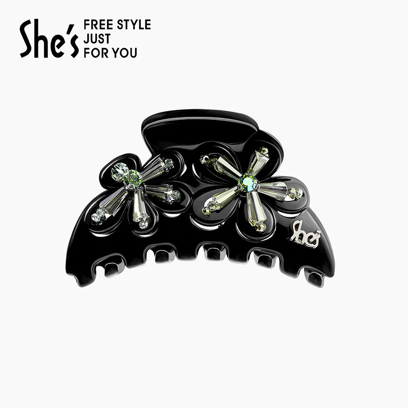 shes茜子发饰炫彩手工仿水晶串珠花朵中号抓夹半发竖抓夹女鲨鱼夹