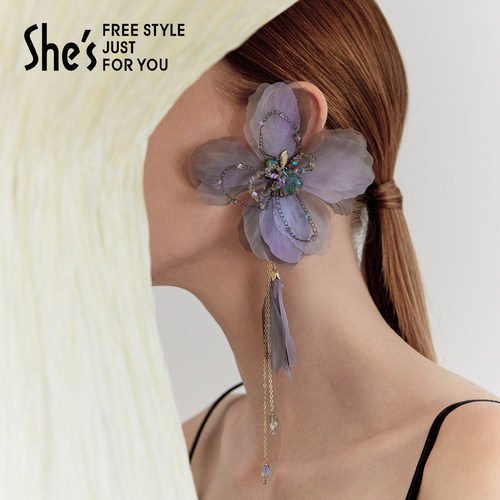 shes薄纱花朵单边流苏耳挂