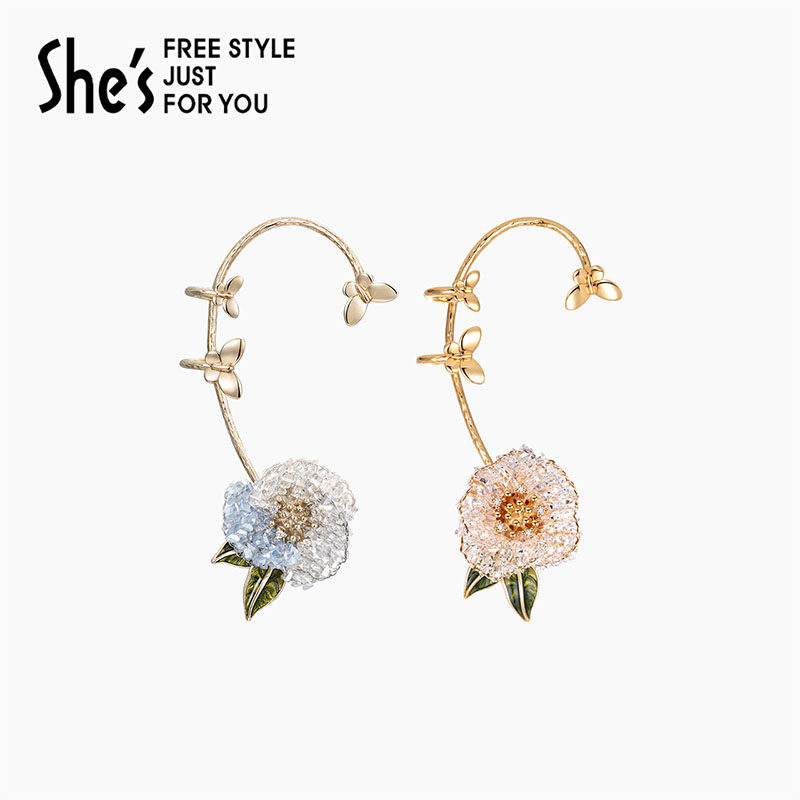shes茜子春天的卡美伊原创浪漫玫瑰花朵耳挂无耳洞耳饰耳骨夹礼物