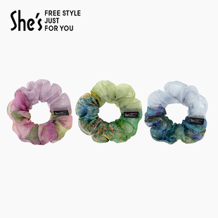 shes茜子奥莱油画感莫奈渐变撞色拼接朦胧感马尾扎发发圈发绳女