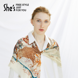 shes茜子奥莱莫奈艺术印花绵羊毛亲肤围巾流苏空调披肩丝巾女