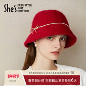 shes茜子巴比耶手工串珠知性通勤气质保暖柔软毛秋冬时尚 女渔夫帽