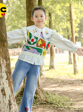 clanc童装秋季新款女童洋气撞色V领针织背心儿童保暖马甲套头毛衣