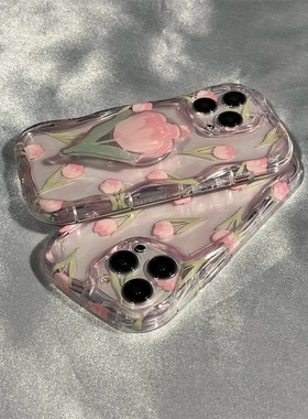 适用IQOO11粉色郁金香vivoiqooneo7手机壳iQ009透明u5保护套6SE花朵z5x带支架z3波浪纹u3小清新u1女款10爱酷8