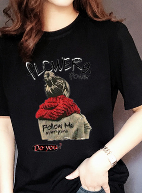 夏装黑色t恤女短袖纯棉圆领宽松大码韩版印花半袖白色修身显瘦潮