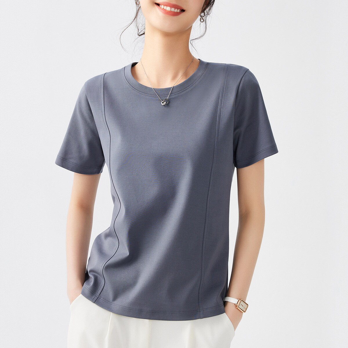 丝光棉短袖体恤女正肩