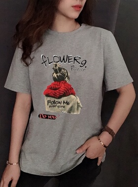 2025夏季新款灰色短袖体恤女纯棉宽松韩版大码显瘦印花半袖体恤潮