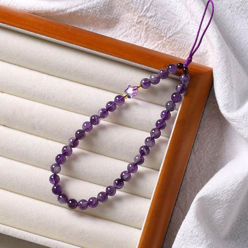 紫水晶手机链挂绳挂件女款长包钥匙扣吊坠指环手腕绳玉石腕带防丢