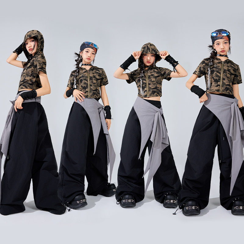 女童爵士舞潮酷迷彩套装儿童街舞演出服炸街少儿模特走秀表演服装