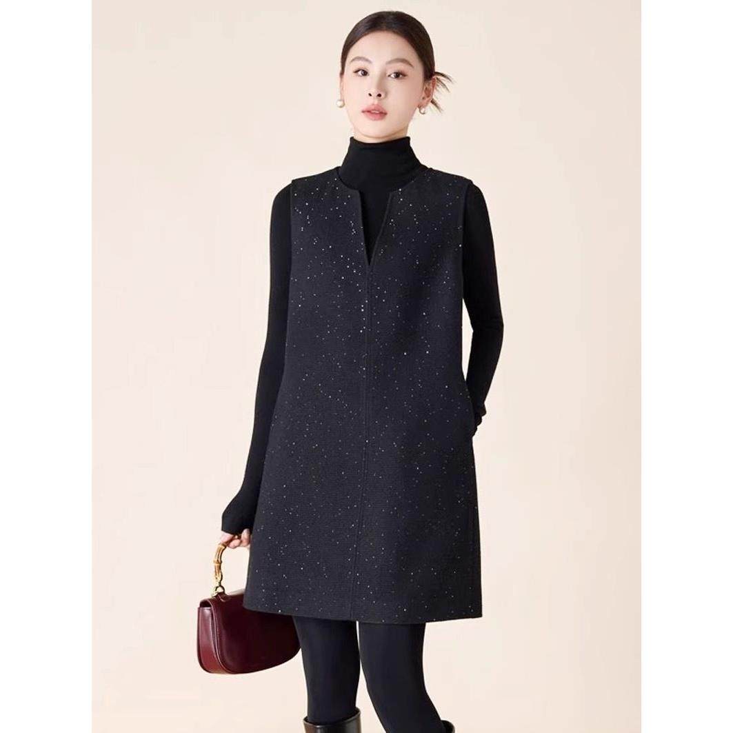 羊毛马甲裙连衣裙2025秋冬中长款A字裙打底裙子女无袖毛呢背心裙