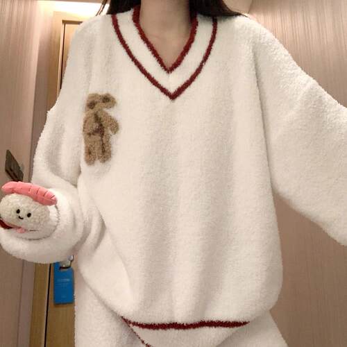 韩版V领半边绒小熊睡衣女冬季2025新款加厚毛绒家居服套装秋冬款
