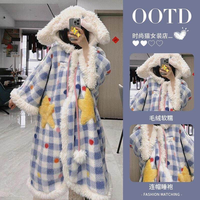 玉桂狗珊瑚绒睡袍女款2025新款秋冬季加绒加厚可爱睡衣高级感套装