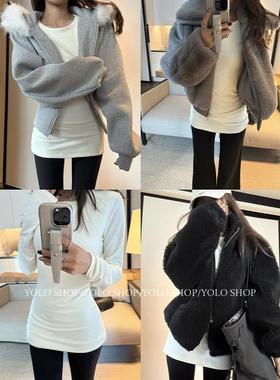 YOLO SHOP 内搭天菜 莱塞尔正肩磨毛修身长款打底女秋冬圆领上衣