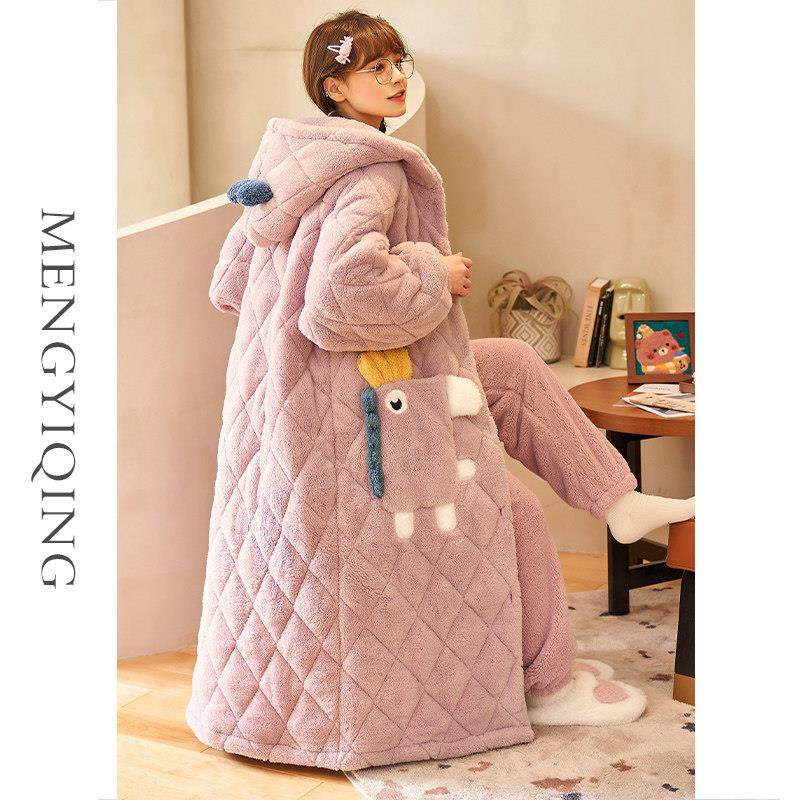 睡袍女冬季中长款2025年新款三层夹棉加绒加厚可爱睡衣连帽家居服