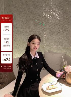 ADA MISS重工气质小香假两件拼色针织收腰连衣裙百褶短裙女冬新款