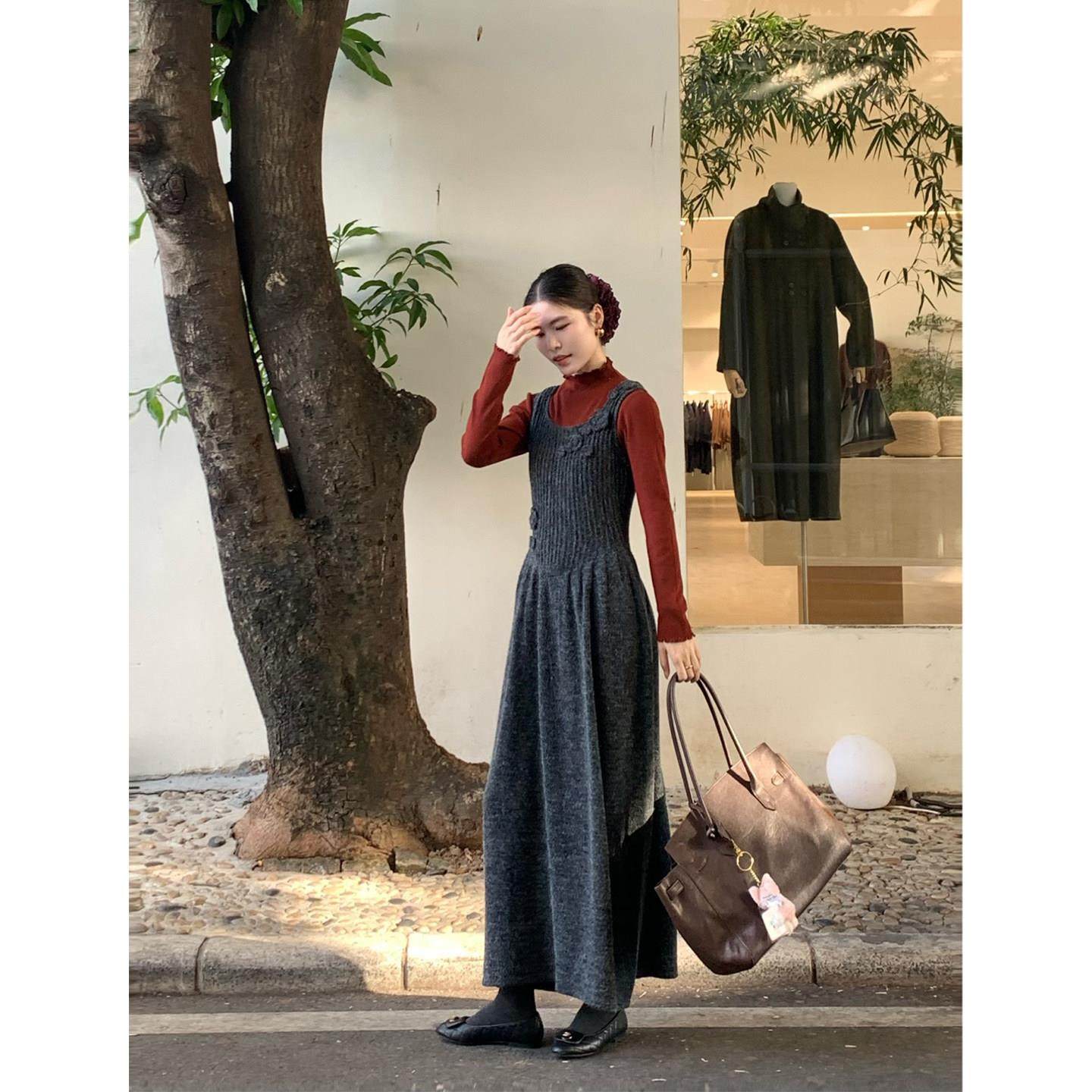 复古叠穿背带连衣裙女秋冬慵懒气质长裙显瘦针织背心裙