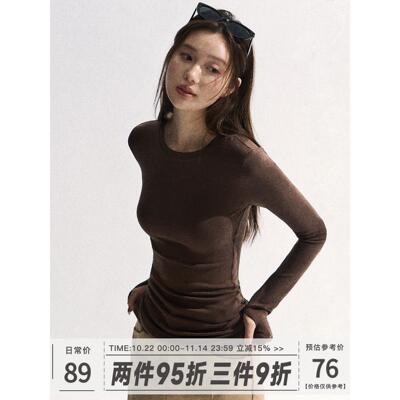 101PASSION 天丝羊毛内搭打底衫女秋冬深咖色上衣修身正肩长袖T恤
