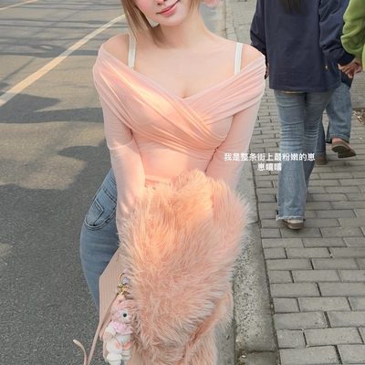 春日樱花 法式V领一字肩网纱长袖T恤打底衫女收腰显身材甜辣上衣