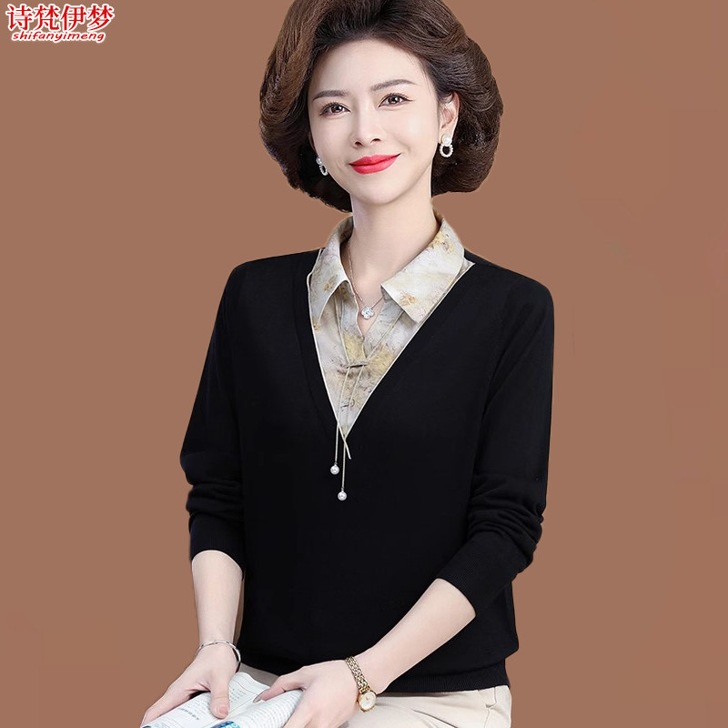 妈妈春秋装2026新款洋气翻领假两件上衣50岁小衫中年女高贵打底衫