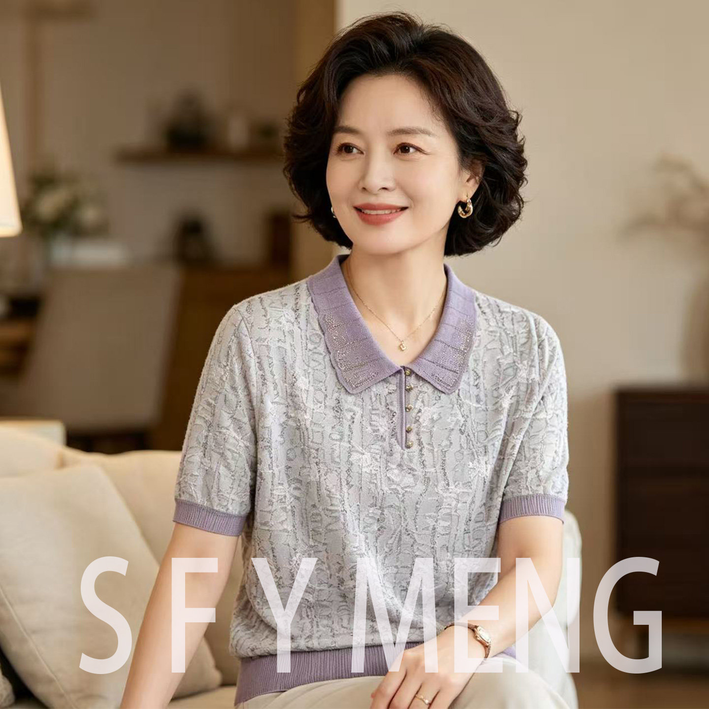 高端时髦妈妈夏装短袖冰丝小衫五十多岁中老年女夏天翻领T恤上衣