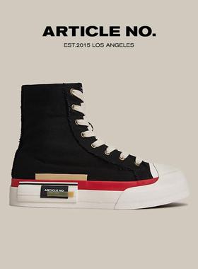 ARTICLE NO.高帮黑拼红厚底增高帆布鞋休闲鞋硫化鞋子男女同款