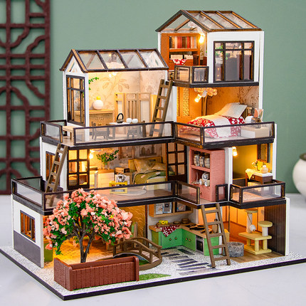 DIY小屋梦想城镇手工制作木质拼装房子模型迷你别墅玩具生日礼物