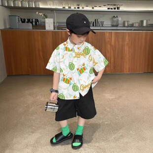 夏季宽松短袖上衣新款休闲潮流男童衬衫衬衣夏季宝宝套装春季