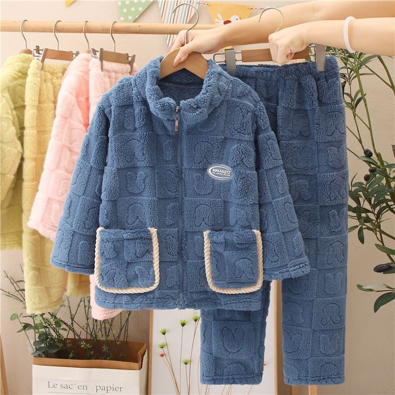 儿童法兰绒睡衣男童8-14岁男孩中大童青少年加厚珊瑚绒家居服套装