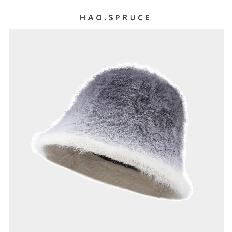 日系渐变色兔毛渔夫帽子女2023秋冬新款素颜遮脸显脸小水桶帽盆帽