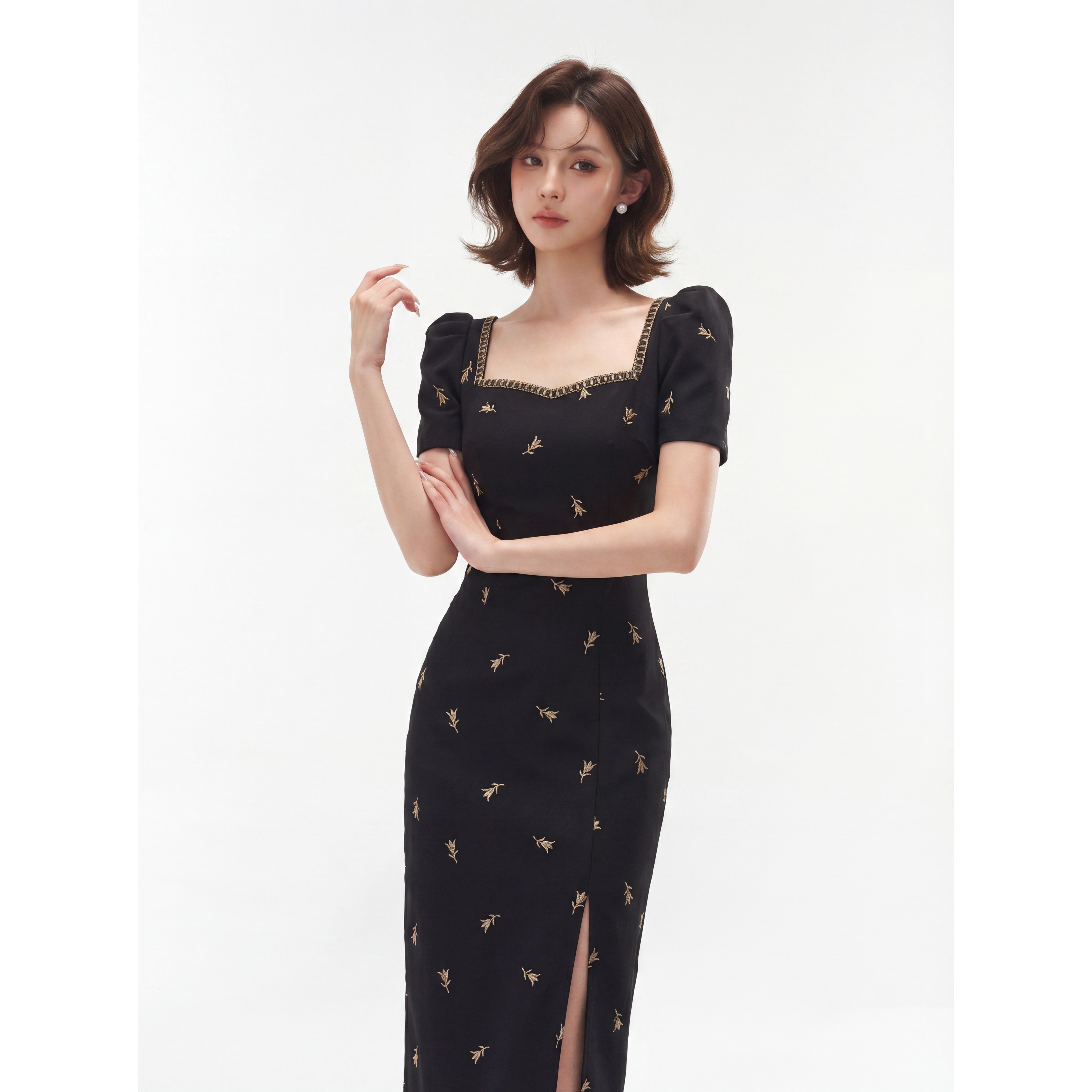 【周子仪】黑色蜜蜂刺修高级感连衣裙女夏季长裙2026年新款开叉裙