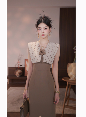 【周子仪】杏色立体花朵V领连衣裙女夏季长裙2026年新款气质裙子