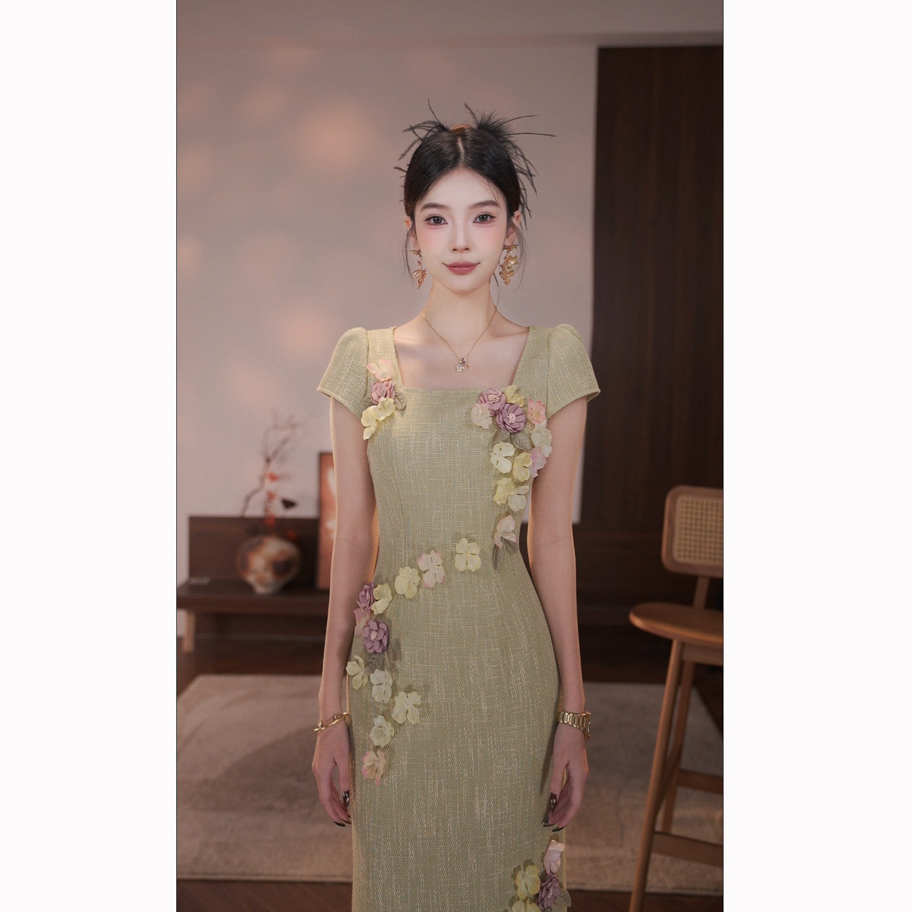 【周子仪】绿色立体花朵连衣裙女夏季长裙2026年新款气质裙子