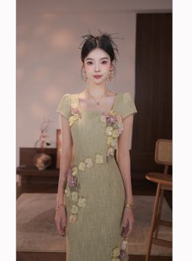 【周子仪】绿色立体花朵连衣裙女夏季长裙2026年新款气质裙子