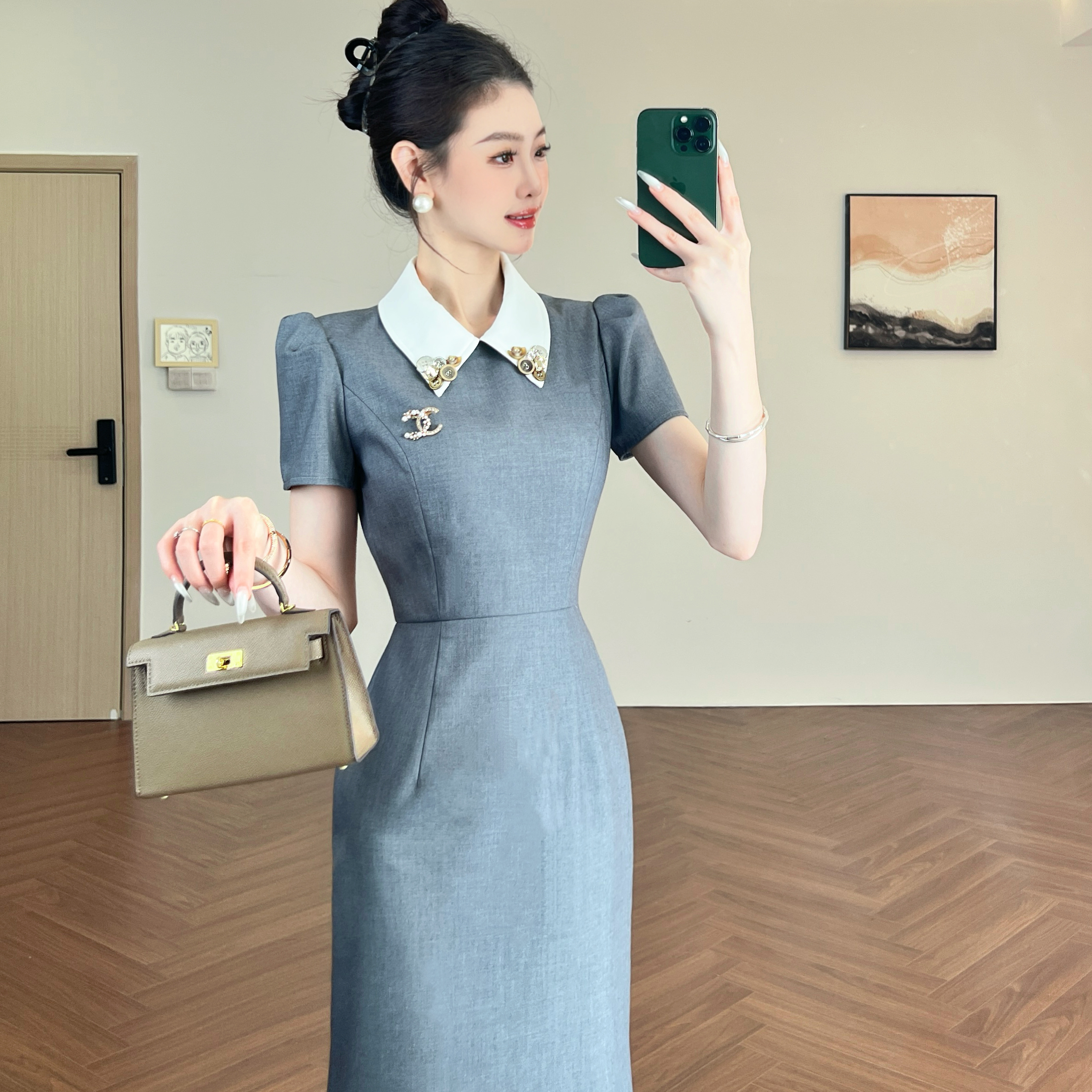灰色高级感西装连衣裙女夏季长裙2025年新款时尚重工定制裙子炸街