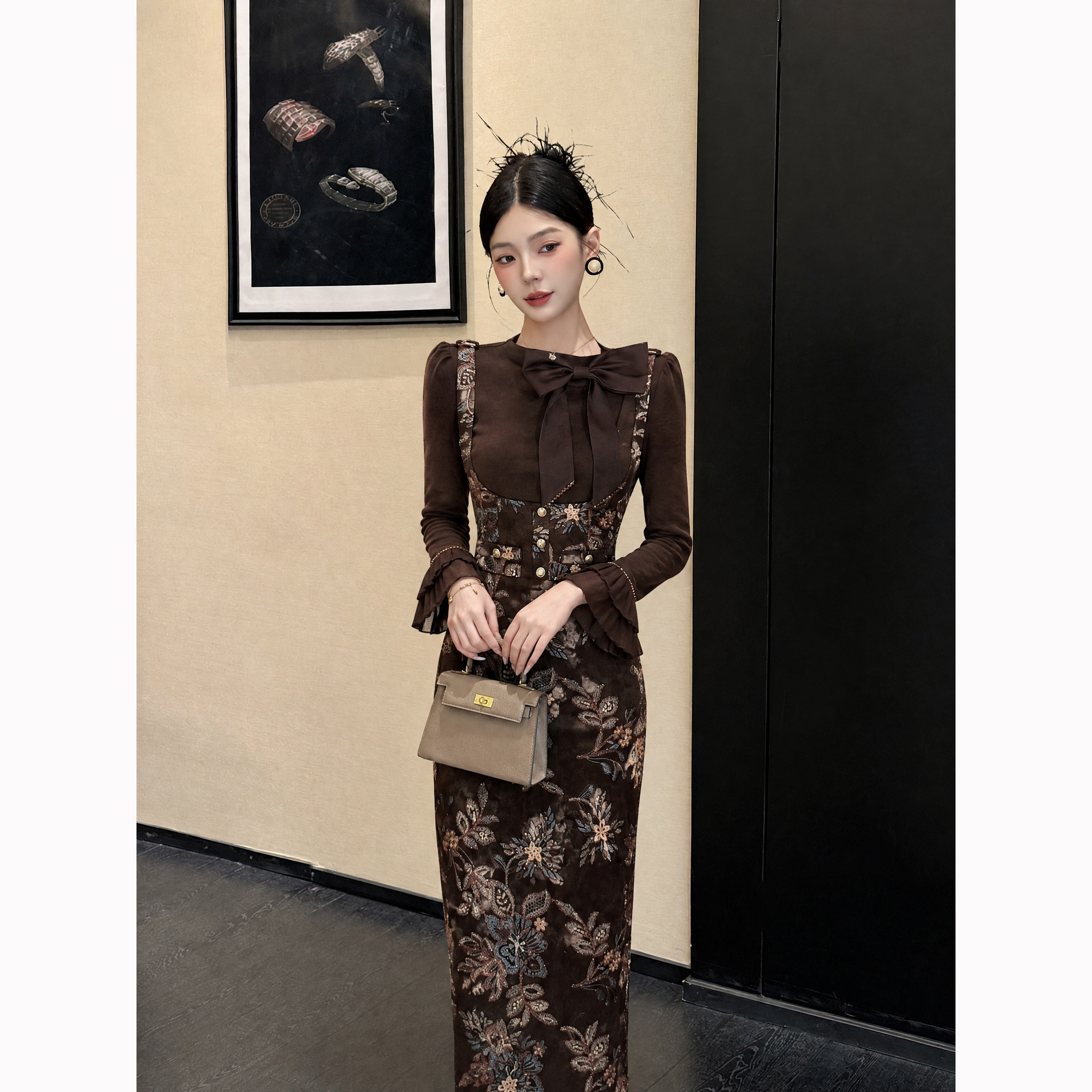 【周子仪】美拉德色系假两件连衣裙女秋冬长裙2026年新款气质裙子