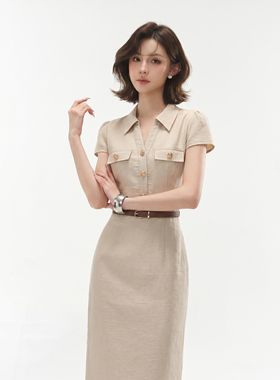 【周子仪】杏色V领高级感连衣裙女夏季长裙2026年新款气质裙子