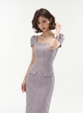 【周子仪】紫色简约方领连衣裙女夏季长裙2026年新款气质时尚裙子