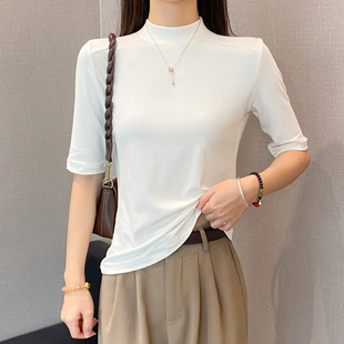 白色半高领鱼骨中袖t恤女2025春秋修身五分袖打底衫内搭显瘦上衣