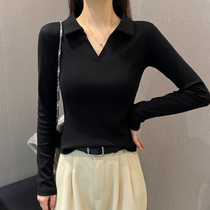 黑色Polo领长袖t恤女春秋内搭翻领设计感打底衫修身辣妹洋气上衣