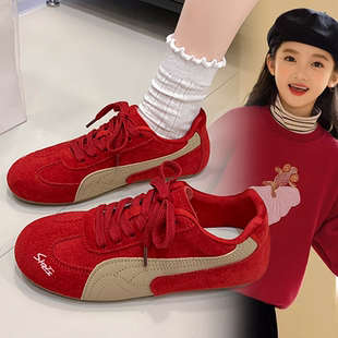 女童2026春季新款潮鞋红白棕拼色百搭舒适软底休闲女孩日常运动鞋