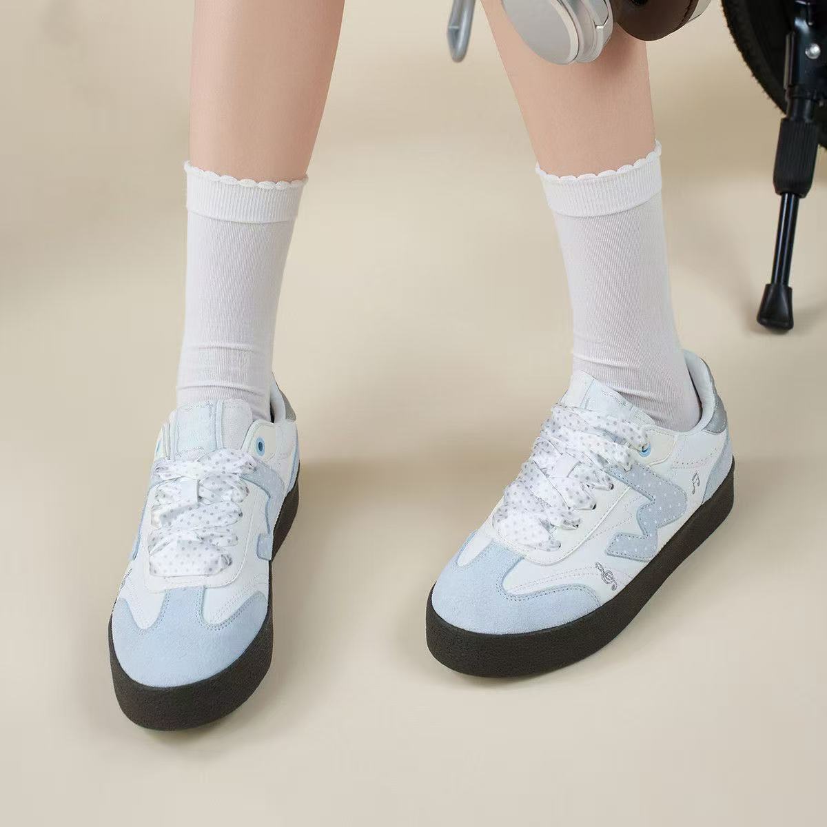 女童浅蓝拼色厚底波点休闲板鞋