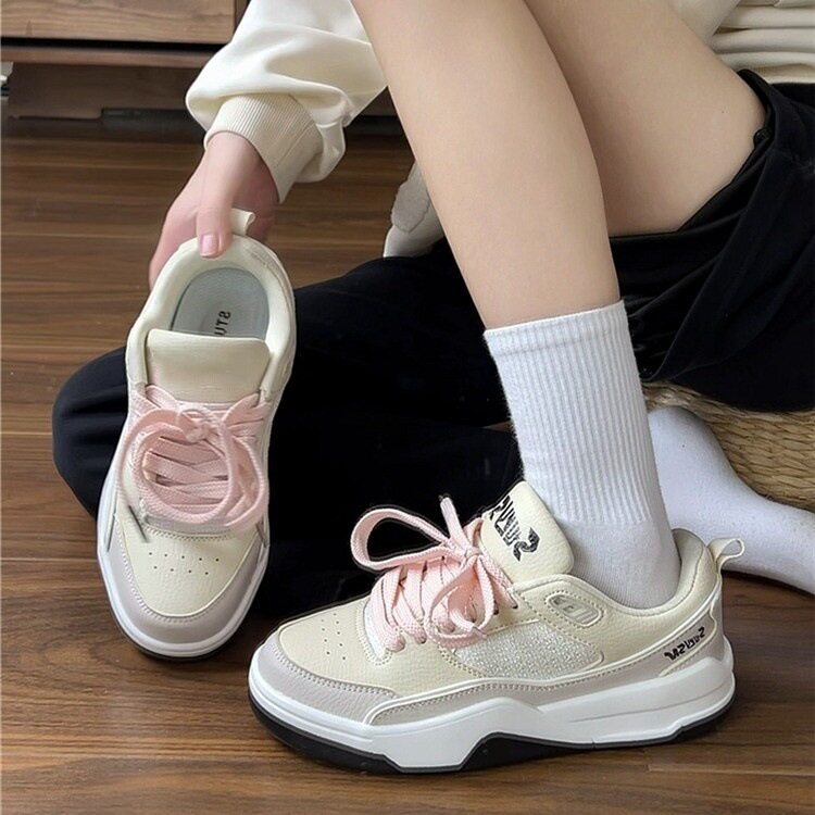 女童米白粉拼色厚底增高闪粉2026
