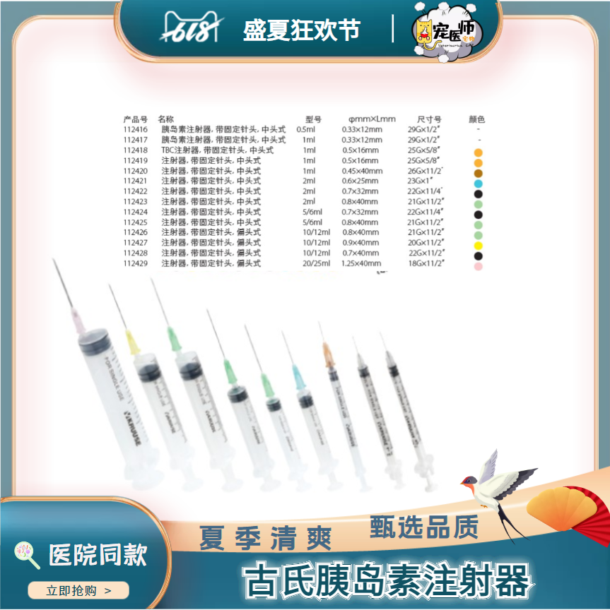 古氏注射器宠物带鲁尔锁1ml中头式疫苗注射器丹麦进口医院采购